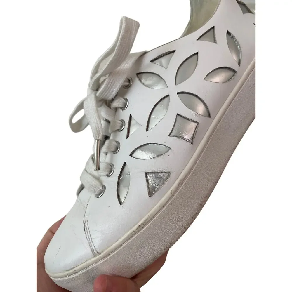 Michael Kors White Leather Platform Mimi Sneakers Size 8 Floral Casual Metallic